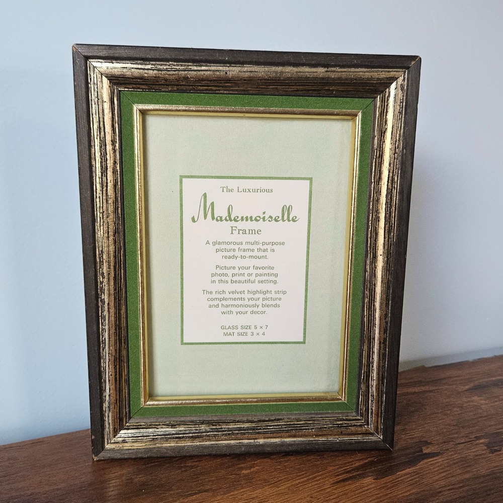 Vintage 70s Mademoiselle 5x7 Picture Frame Wood Green Velvet Gold Trim Distress